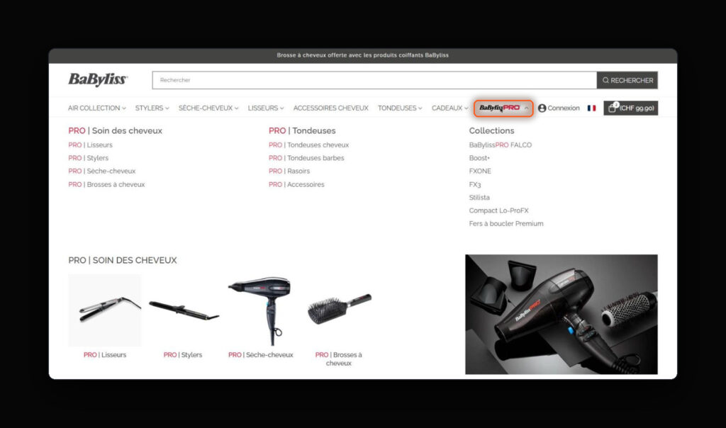 Méga-menu du site BaByliss Suisse ouvert sur l'espace BaBylissPRO, avec les colonnes soin des cheveux, tondeuses et collections
