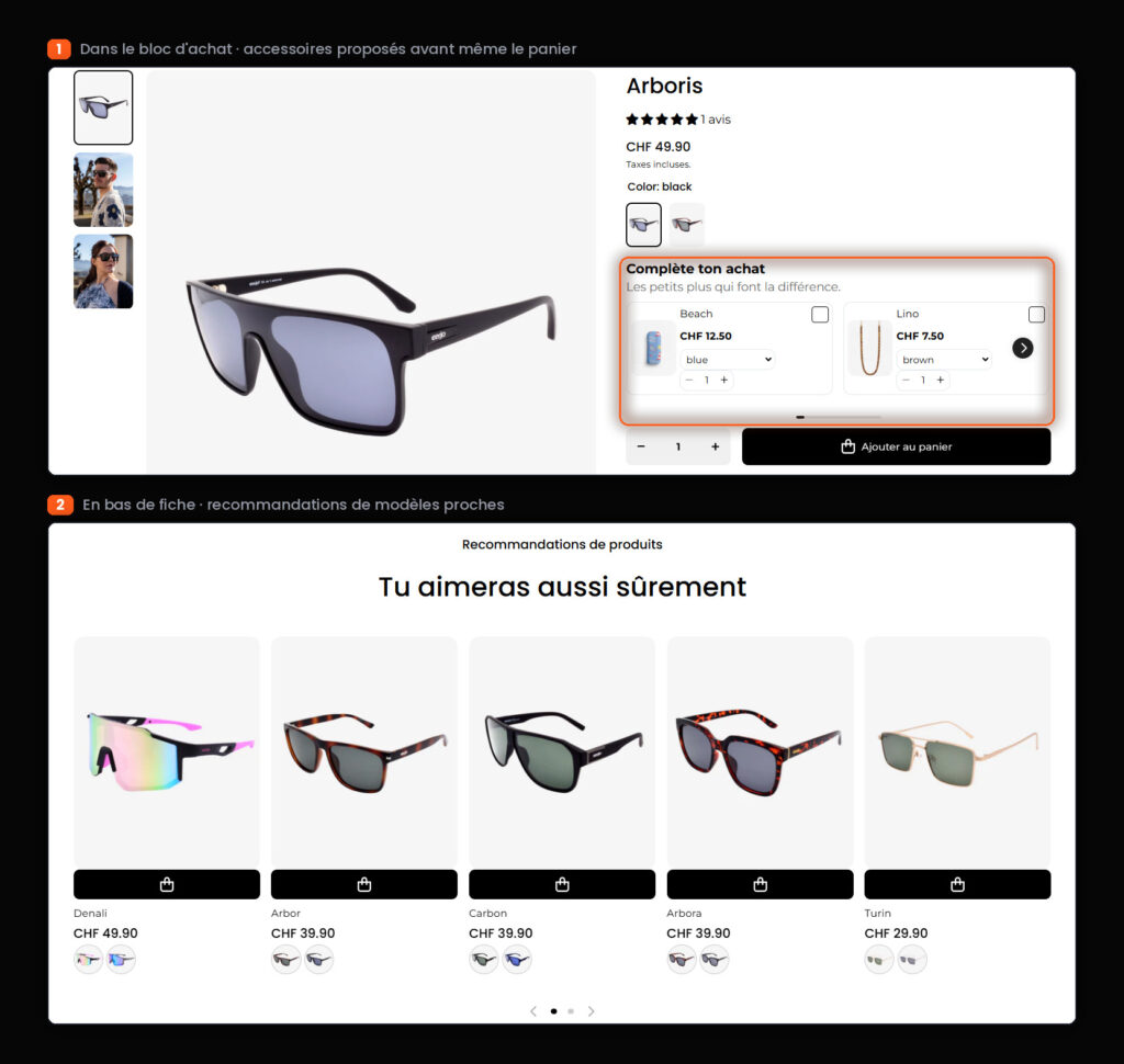 Fiche produit Cerjo : bloc « Complète ton achat » avec accessoires à cocher, et carrousel de recommandations en bas de page