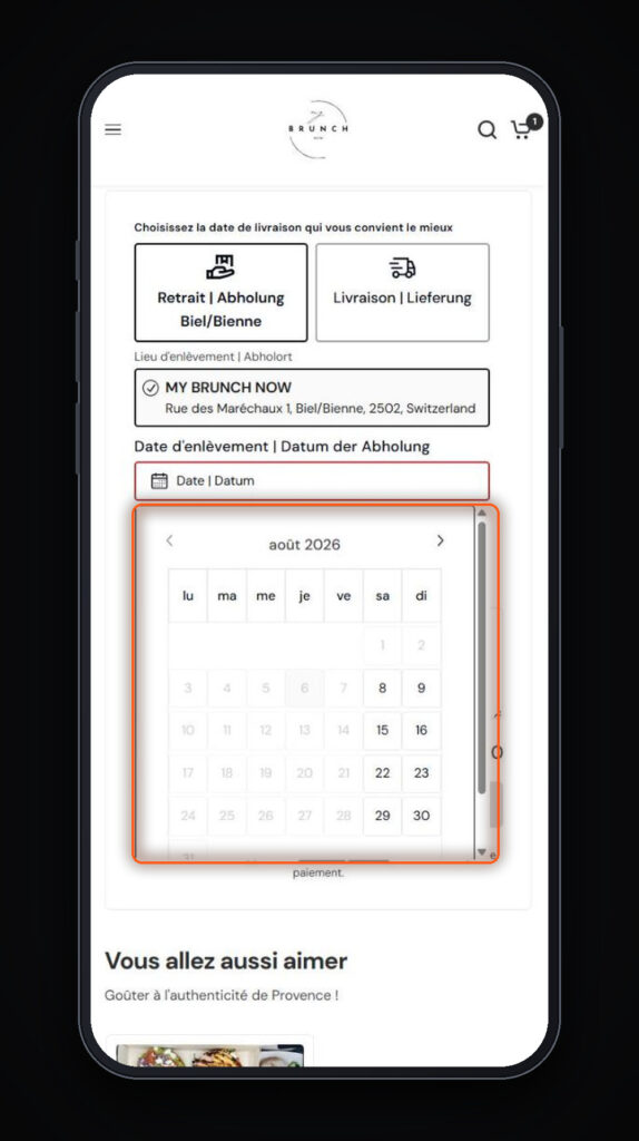 Le client choisit son jour dans un calendrier qui n'ouvre que les créneaux réellement livrables — ici, les week-ends.