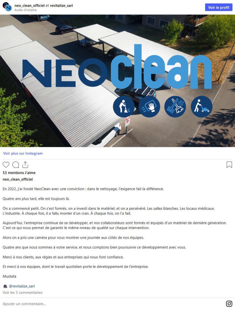 Capture de la publication Instagram de Neo Clean au format mobile, la vidéo arrêtée sur le titre NEO CLEAN en vue aérienne, avec la description complète.