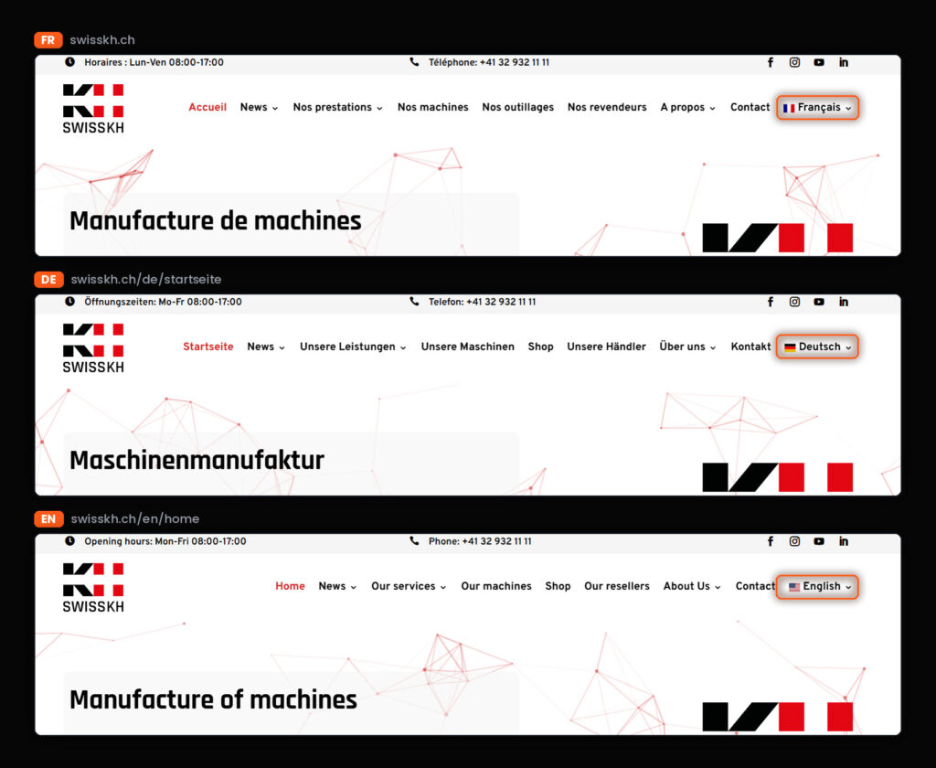 Comparaison de la page d'accueil de SwissKH en français, allemand et anglais, avec le sélecteur de langue mis en évidence
